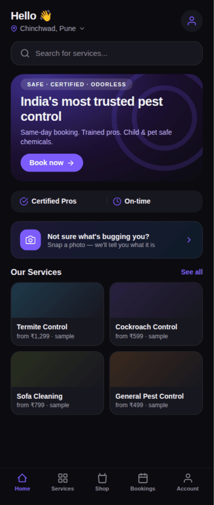Preview of the Sevacorp app's home screen