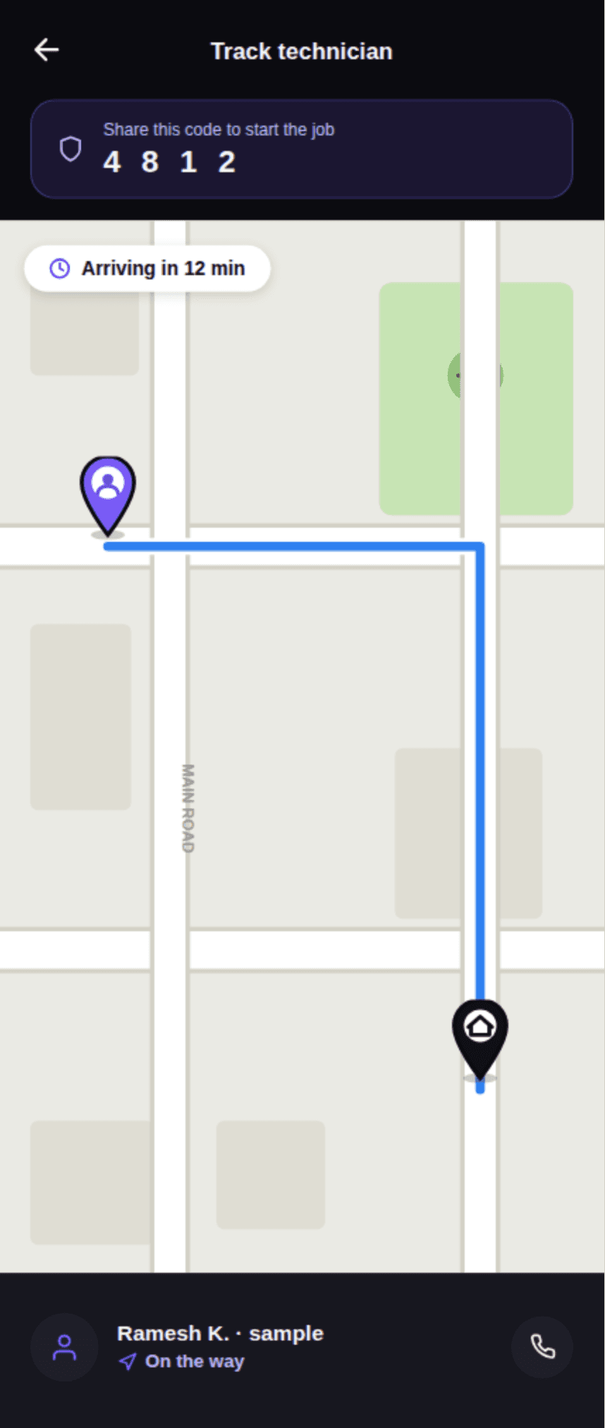 Track technician screen — live location on the way to your address