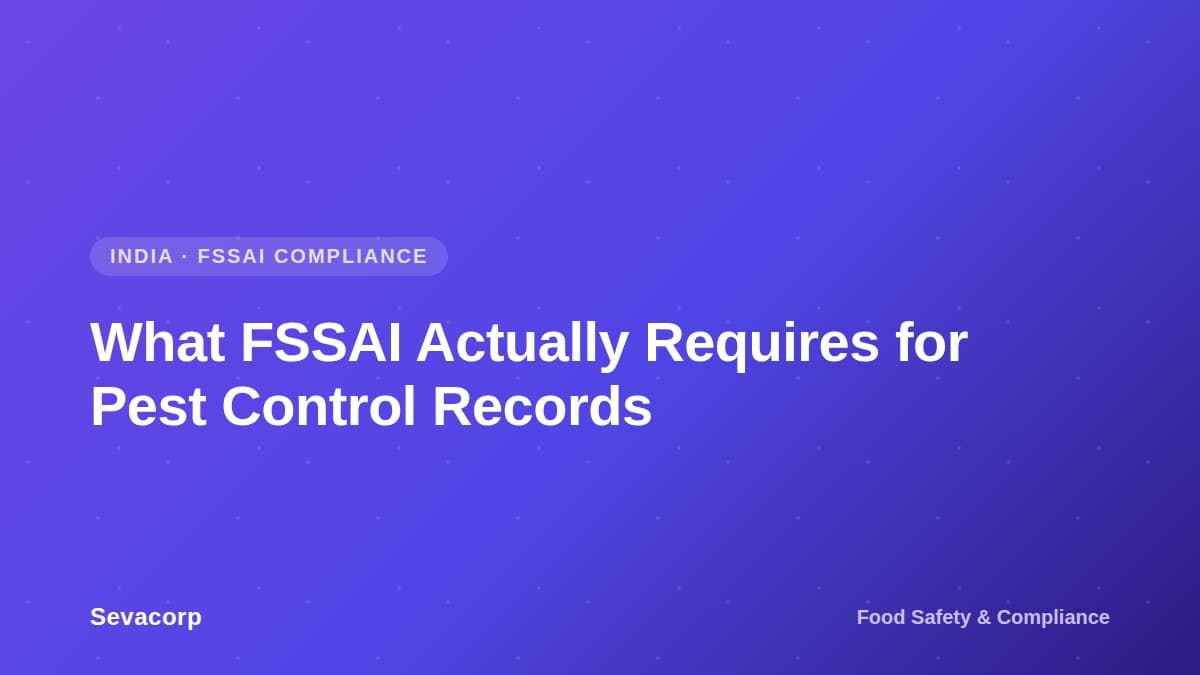 Graphic reading 'What FSSAI Actually Requires for Pest Control Records', tagged India, FSSAI Compliance