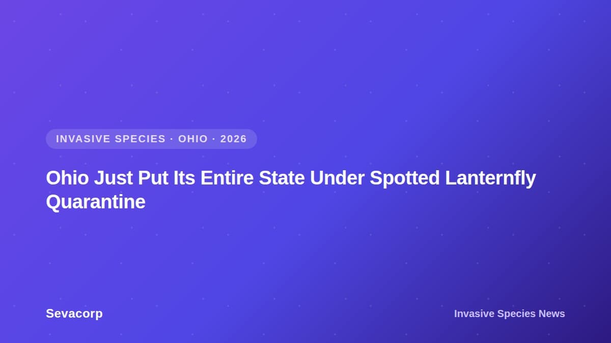 Graphic reading "Ohio Just Put Its Entire State Under Spotted Lanternfly Quarantine", tagged Invasive Species, Ohio, 2026