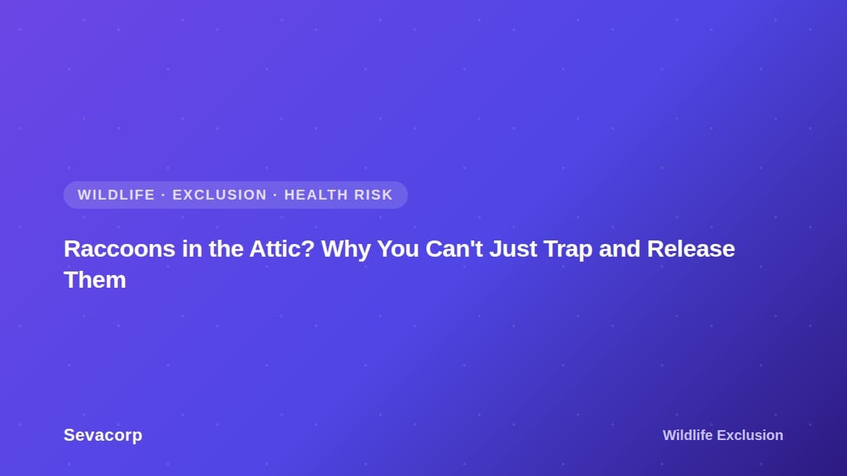 Graphic reading "Raccoons in the Attic? Why You Can't Just Trap and Release Them", tagged Wildlife, Exclusion, Health Risk